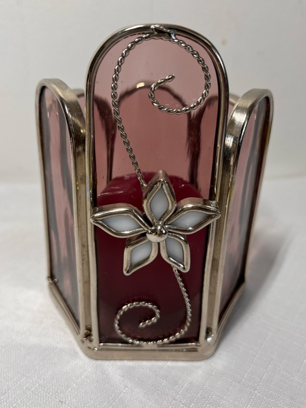 New Stained Glass Tea Light Holder with Floral Accent - Pink & White